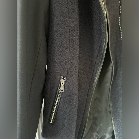 NWT Tahari Elaine Navy Blue Belted Wool Coat with Faux Leather Trim - Picture 8 of 11